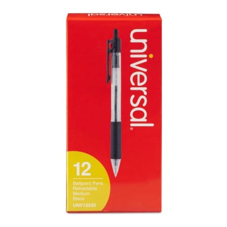 Universal Products Universal Comfort Grip Retractable Ballpoint Pen, 1mm, Black Ink, Clear Barrel, Dozen UNV15530